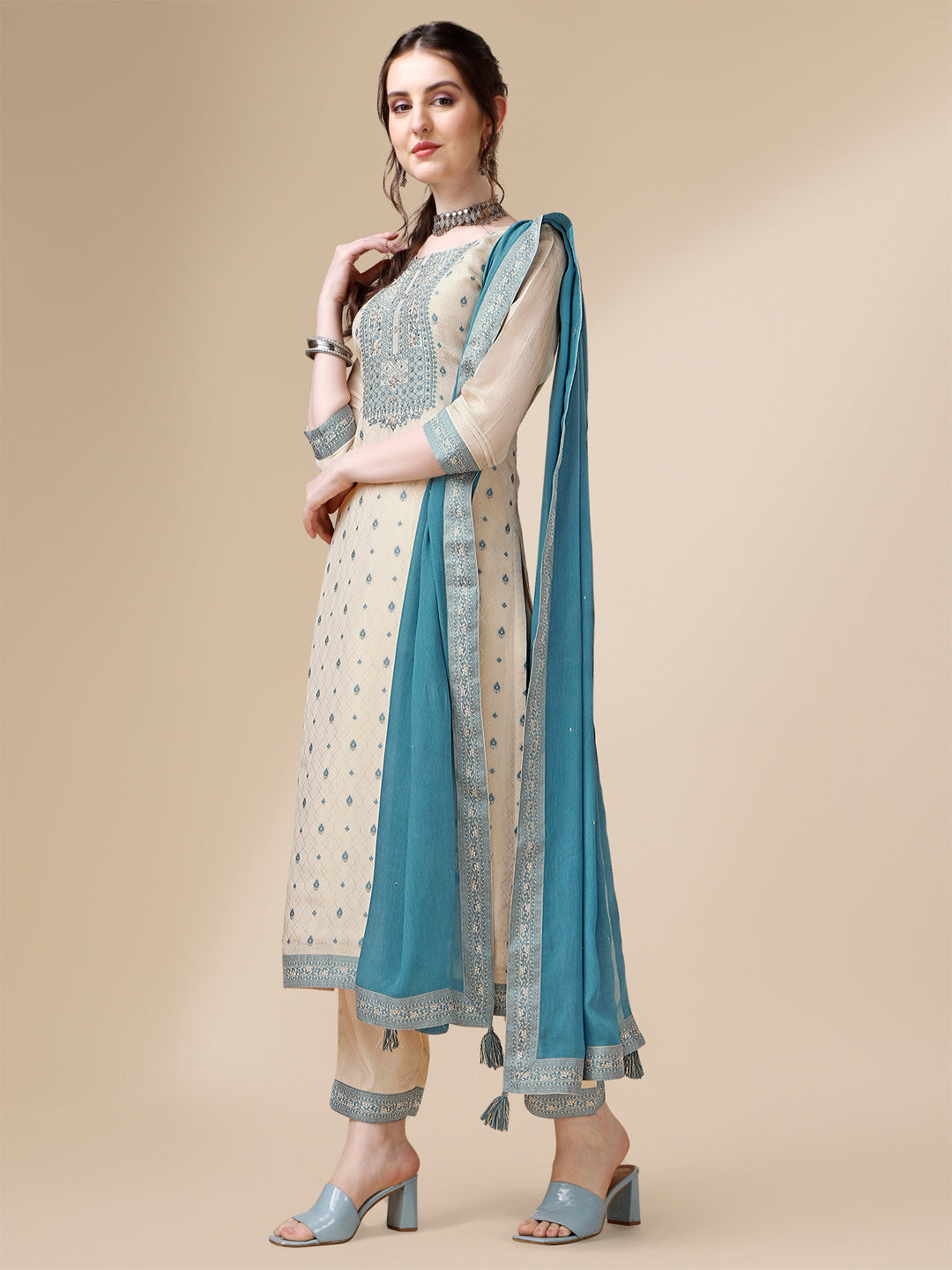 Cream Jacquard Tissue Kurta Suit Set by Qivii