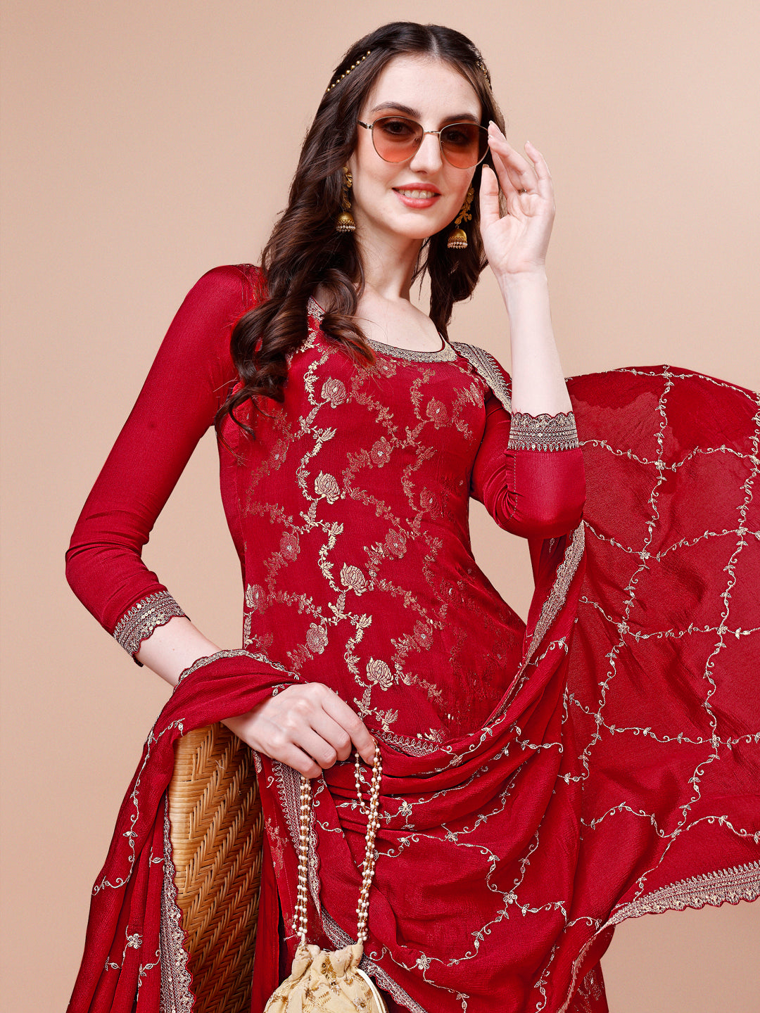 Red Jacquard with Embroidery Sharara Suit Set by Qivii