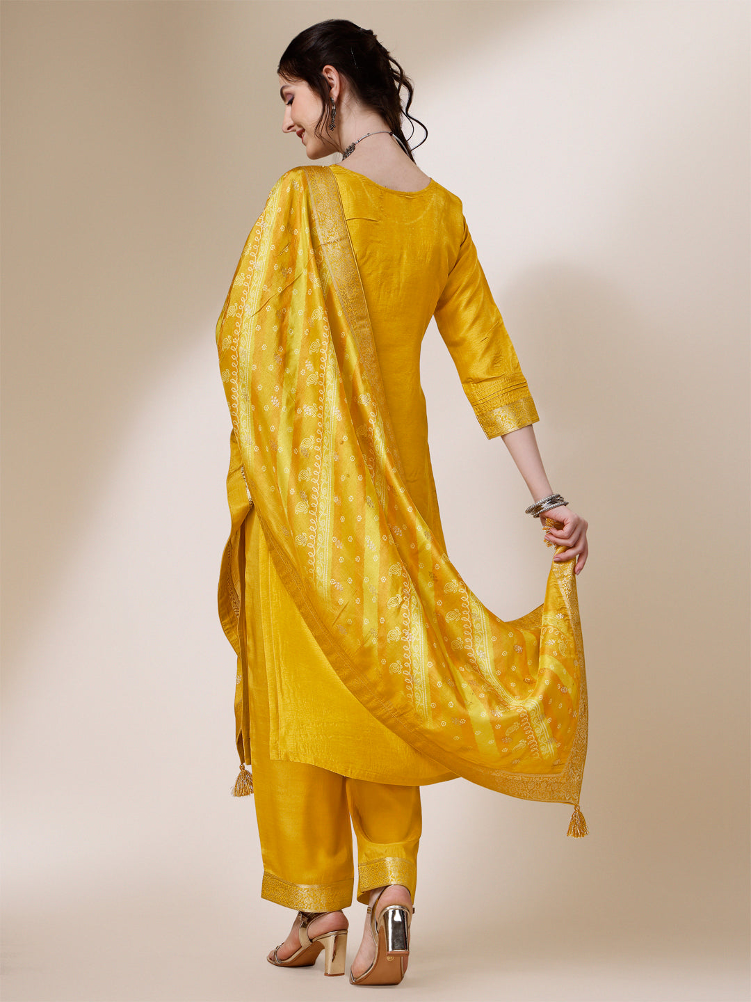 Yellow Jacquard Kurta Suit Set with Bandhani Printed Dupatta by Qivii