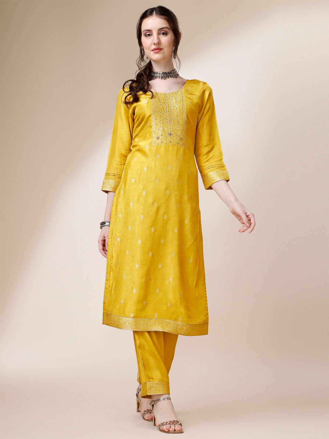 Yellow Jacquard Kurta Suit Set with Bandhani Printed Dupatta by Qivii