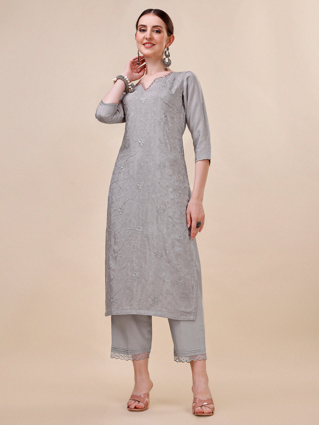 Martini Grey Embroidery Kurta Suit Set by Qivii