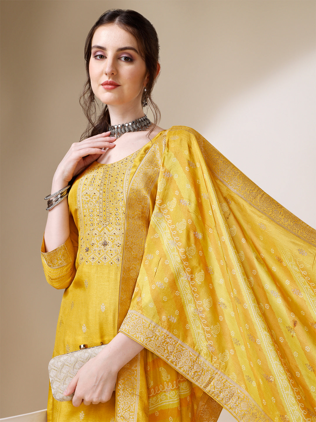 Yellow Jacquard Kurta Suit Set with Bandhani Printed Dupatta by Qivii