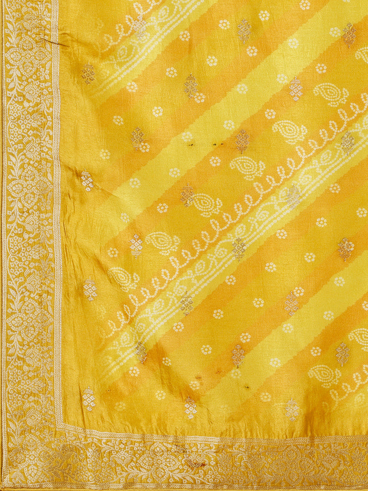 Yellow Jacquard Kurta Suit Set with Bandhani Printed Dupatta by Qivii