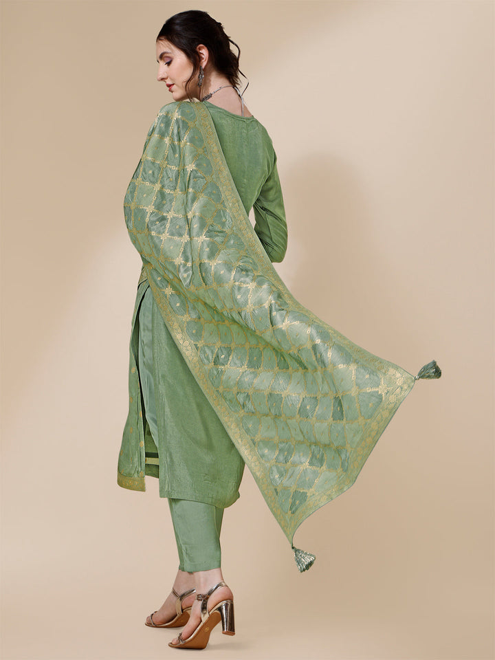 Green Jacquard Kurta Suit Set with Rangkat Dupatta by Qivii