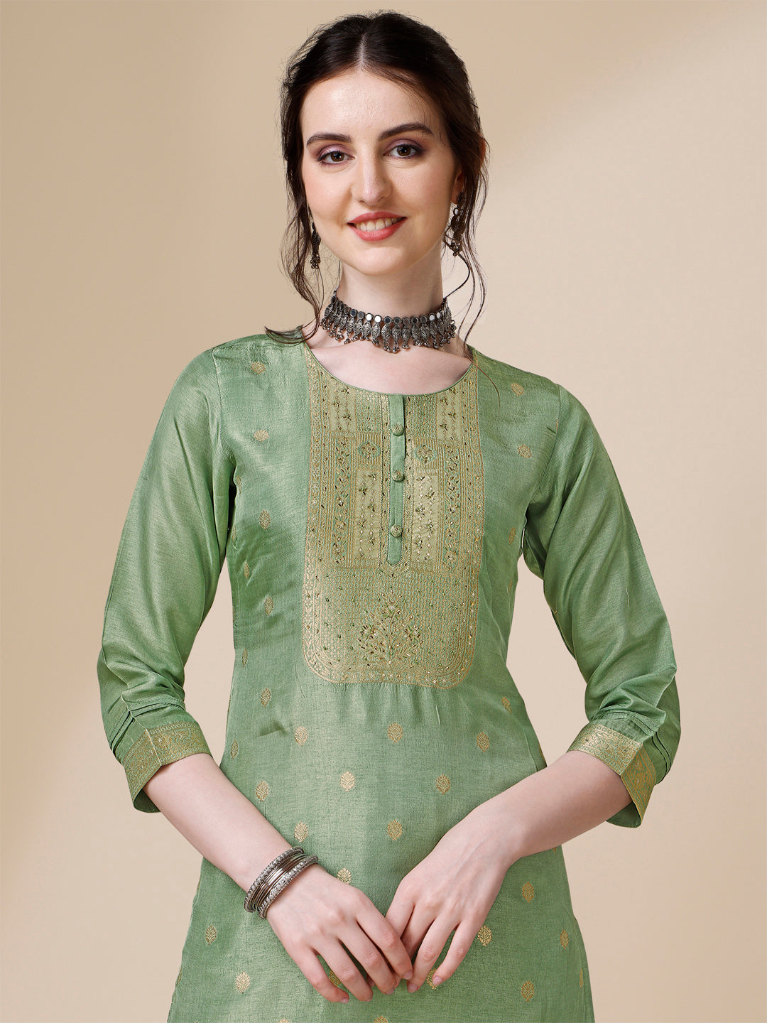 Green Jacquard Kurta Suit Set with Rangkat Dupatta by Qivii