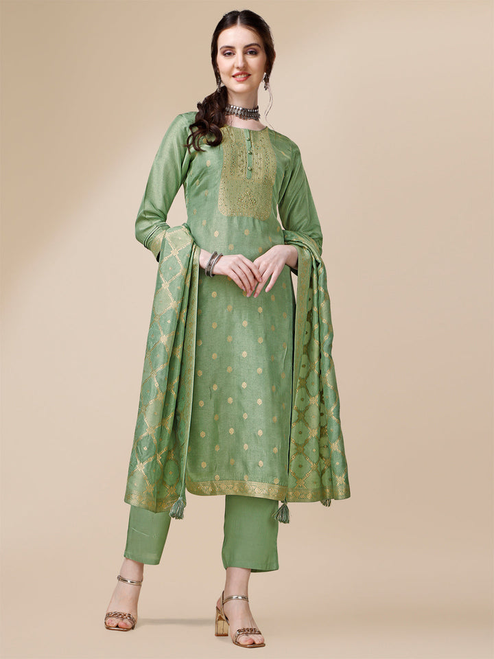 Green Jacquard Kurta Suit Set with Rangkat Dupatta by Qivii