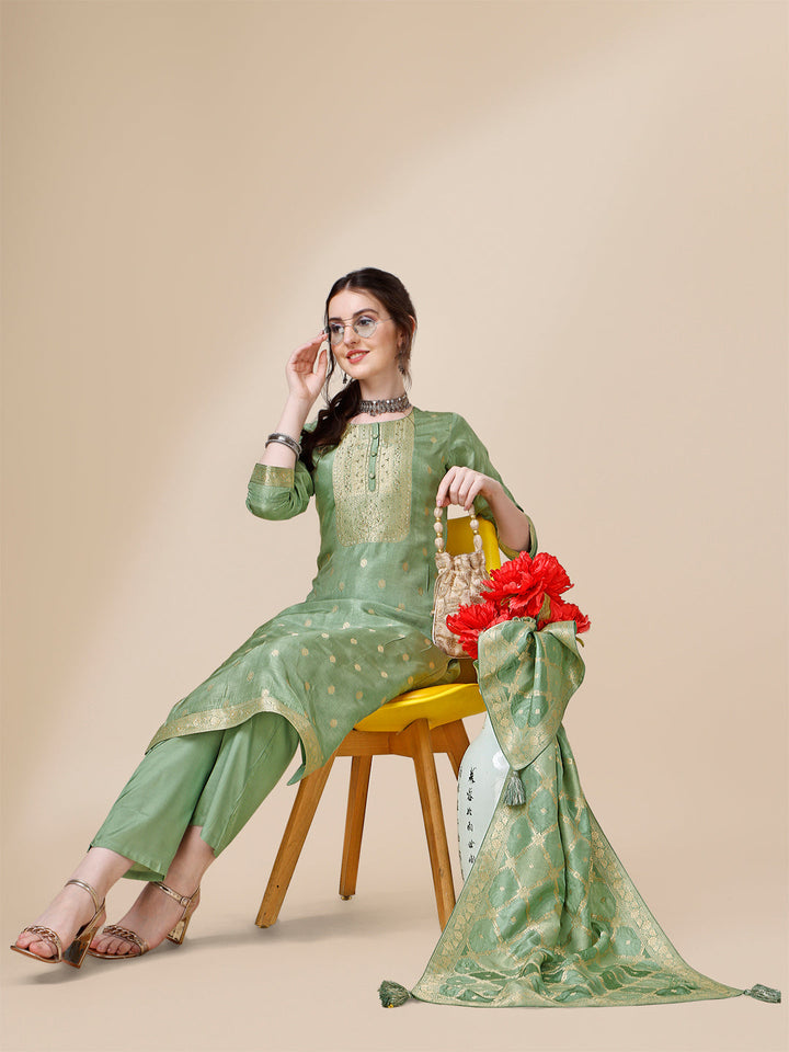 Green Jacquard Kurta Suit Set with Rangkat Dupatta by Qivii