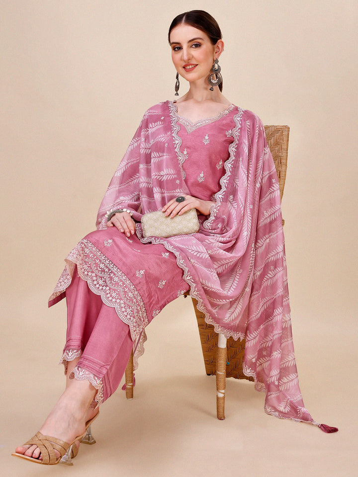 Dusty Rose Pink Dola Silk Kurta. Paired with Straight Pants and Chinon Lehariya Print Dupatta