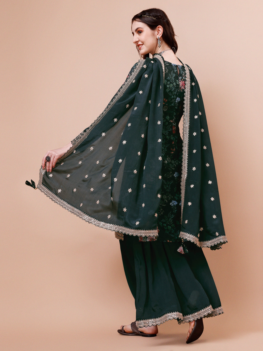Rama Printed with Embroidered Sharara Suit Set