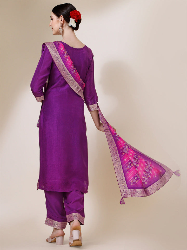 Purple Jacquard Kurta Suit Set with Bandhani Printed Dupatta by Qivii