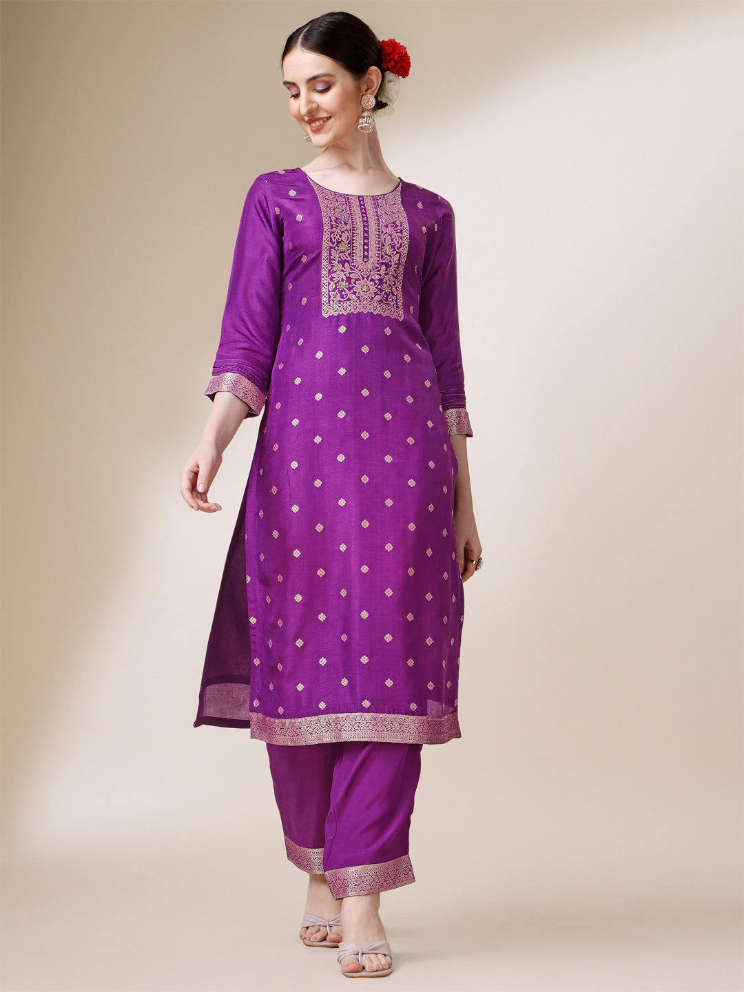 Purple Jacquard Kurta Suit Set with Bandhani Printed Dupatta by Qivii