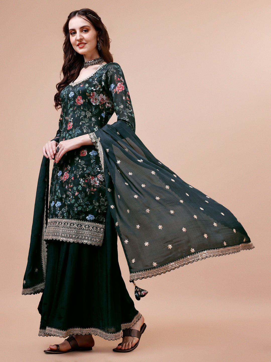 Rama Printed with Embroidered Sharara Suit Set
