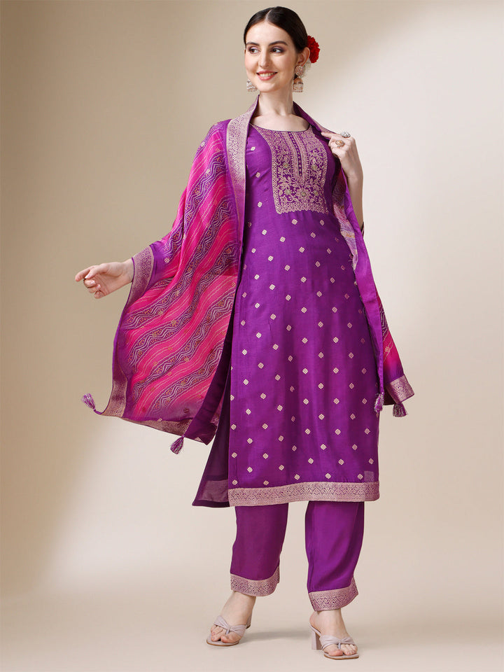 Purple Jacquard Kurta Suit Set with Bandhani Printed Dupatta by Qivii