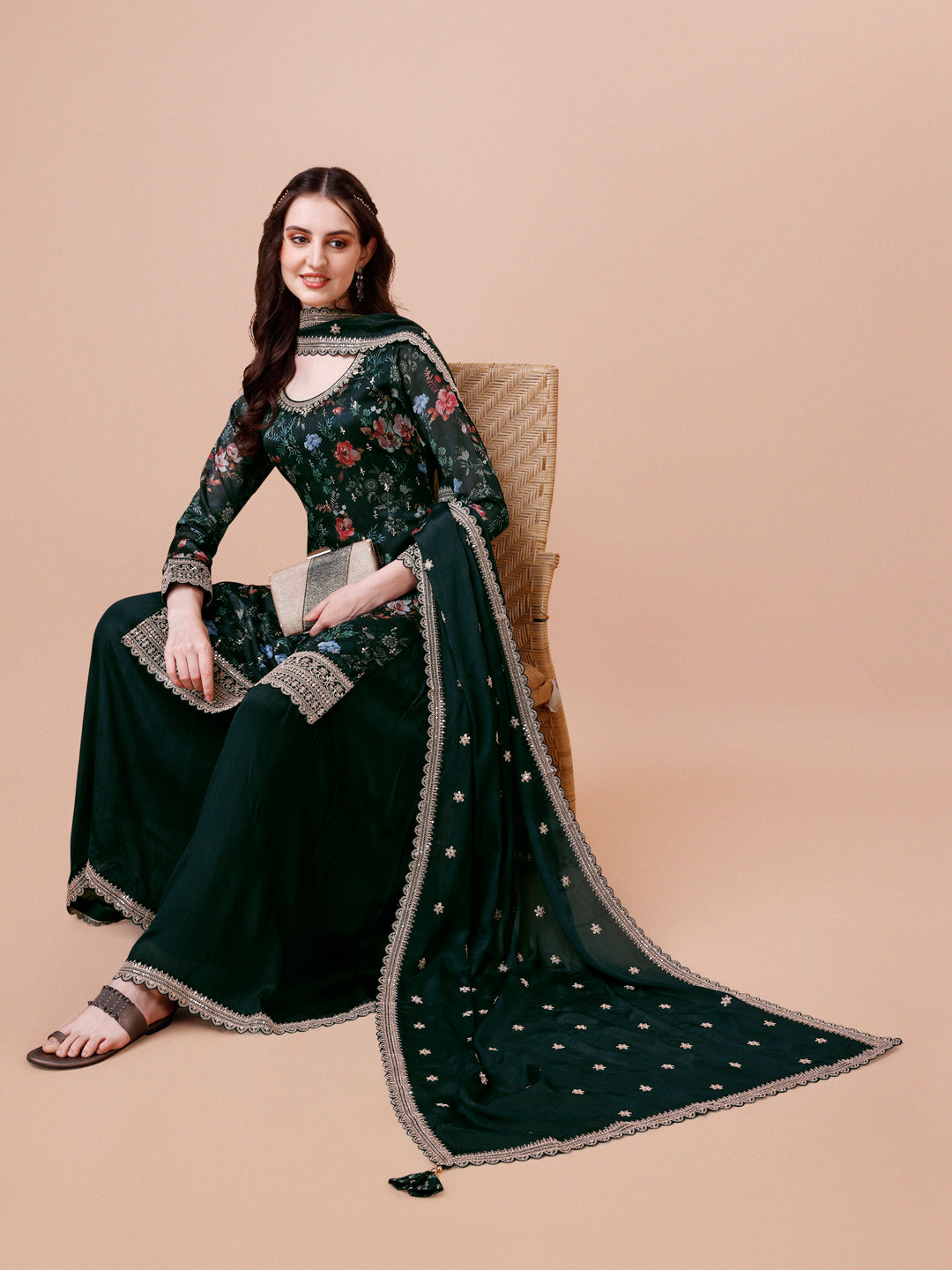 Rama Printed with Embroidered Sharara Suit Set