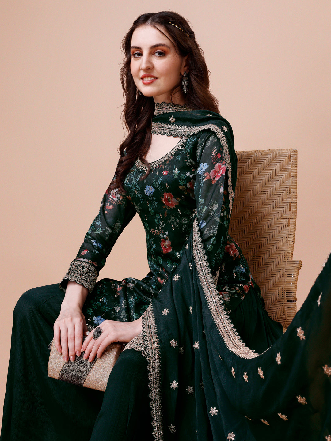 Rama Printed with Embroidered Sharara Suit Set