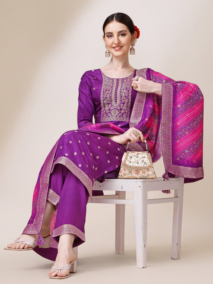 Purple Jacquard Kurta Suit Set with Bandhani Printed Dupatta by Qivii