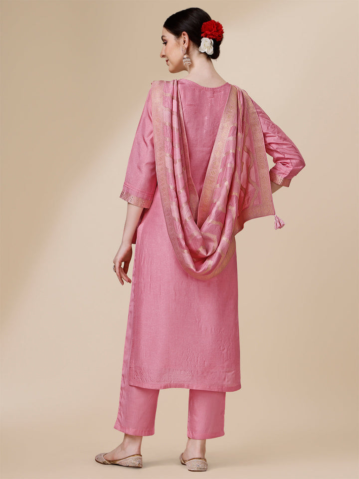 Creamy Pink Viscose Dola Silk Jacquard Kurta . Paired with Santoon Trouser and Viscose Dola Jacquard Dupatta