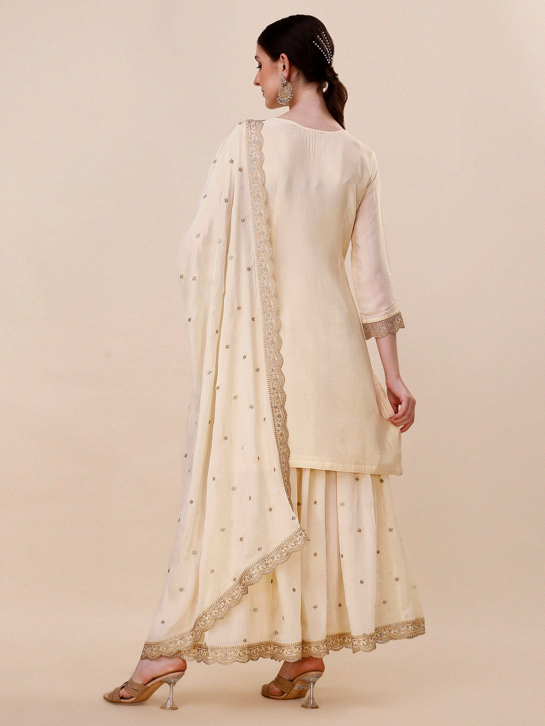 Off-White Chinon Kurta. Paired with Chinon Sharara Bottom and Chinon Dupatta