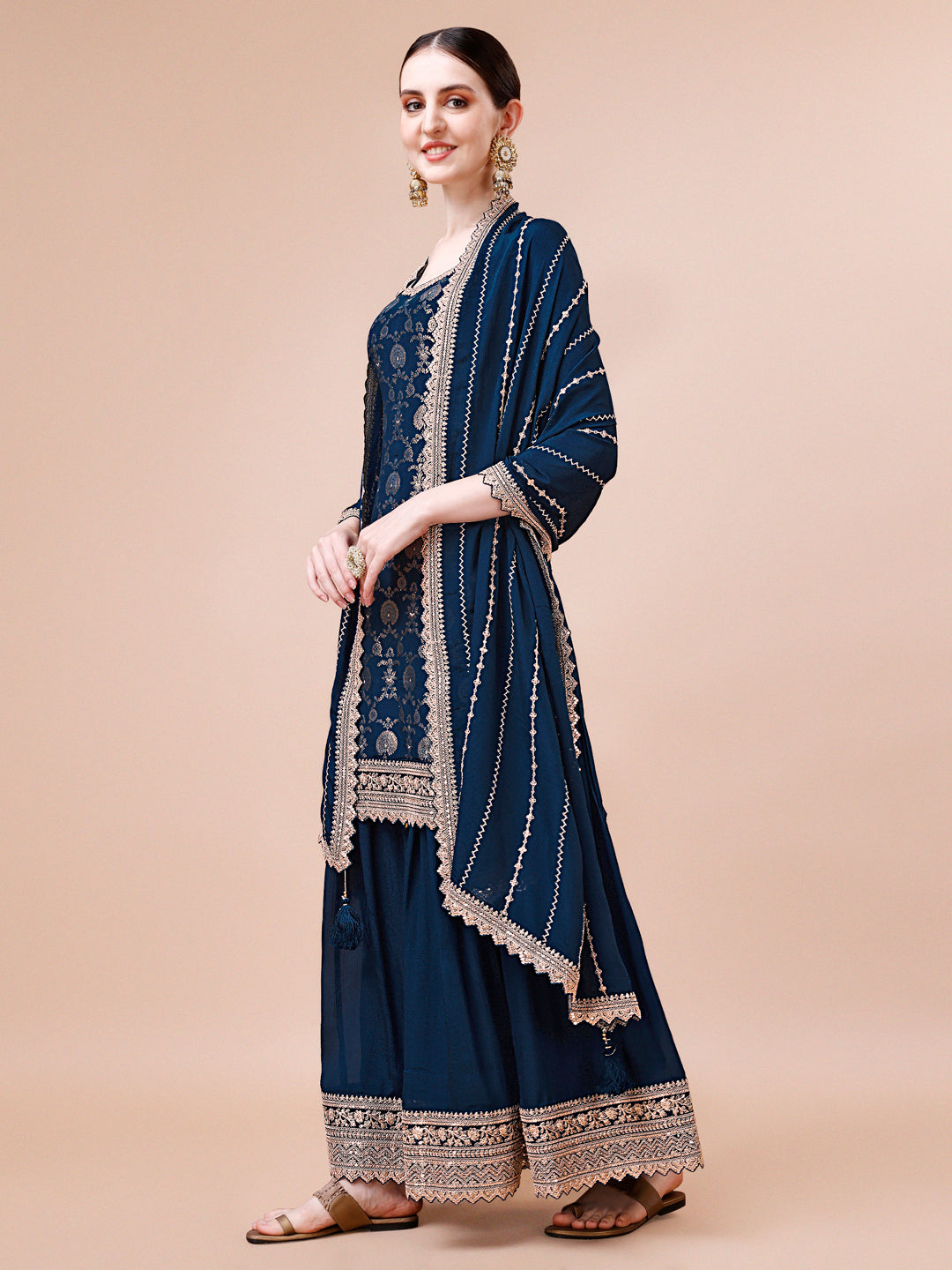 Dark Teal Jacquard with Embroidery Sharara Suit Set