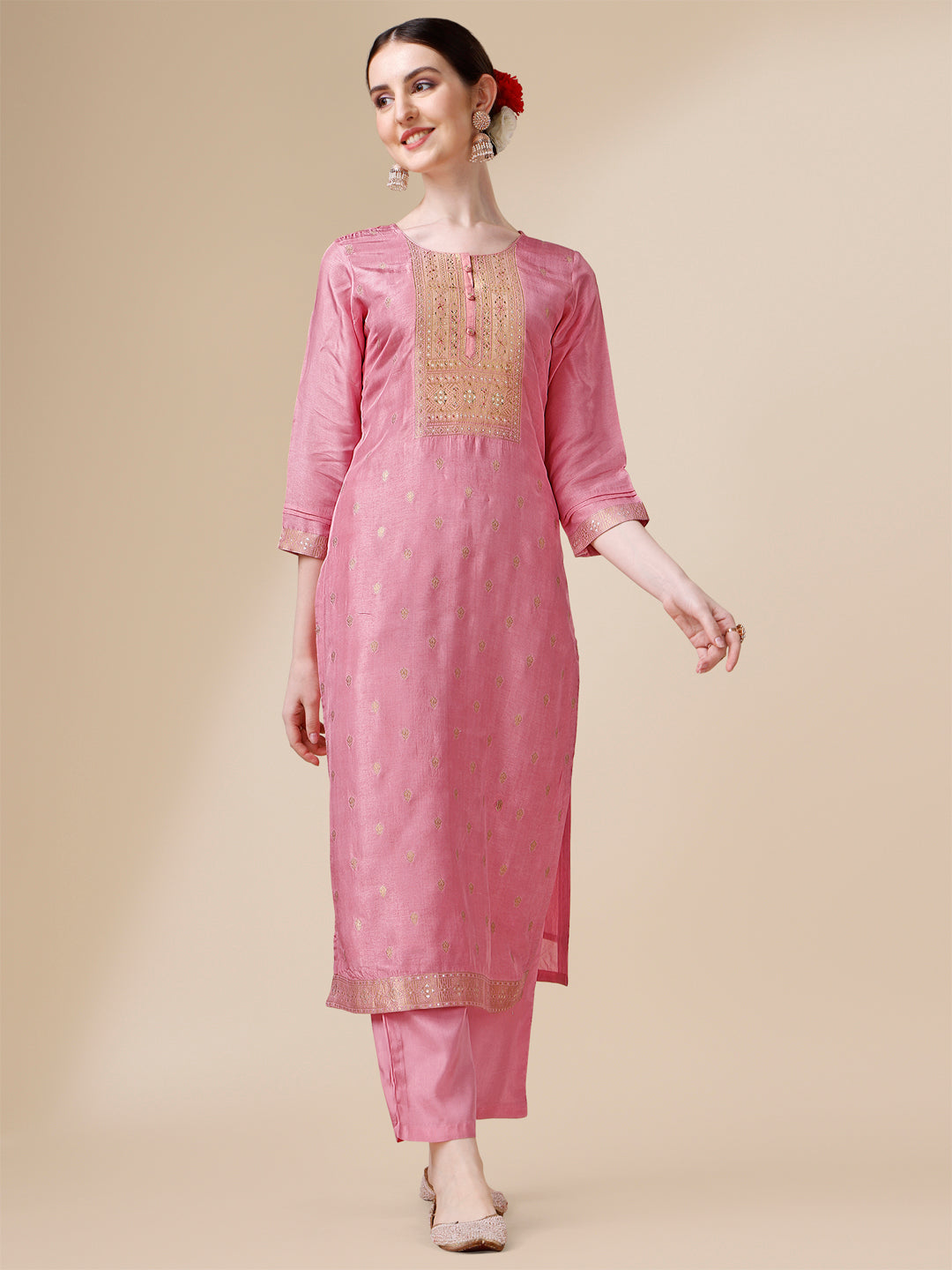 Creamy Pink Viscose Dola Silk Jacquard Kurta . Paired with Santoon Trouser and Viscose Dola Jacquard Dupatta