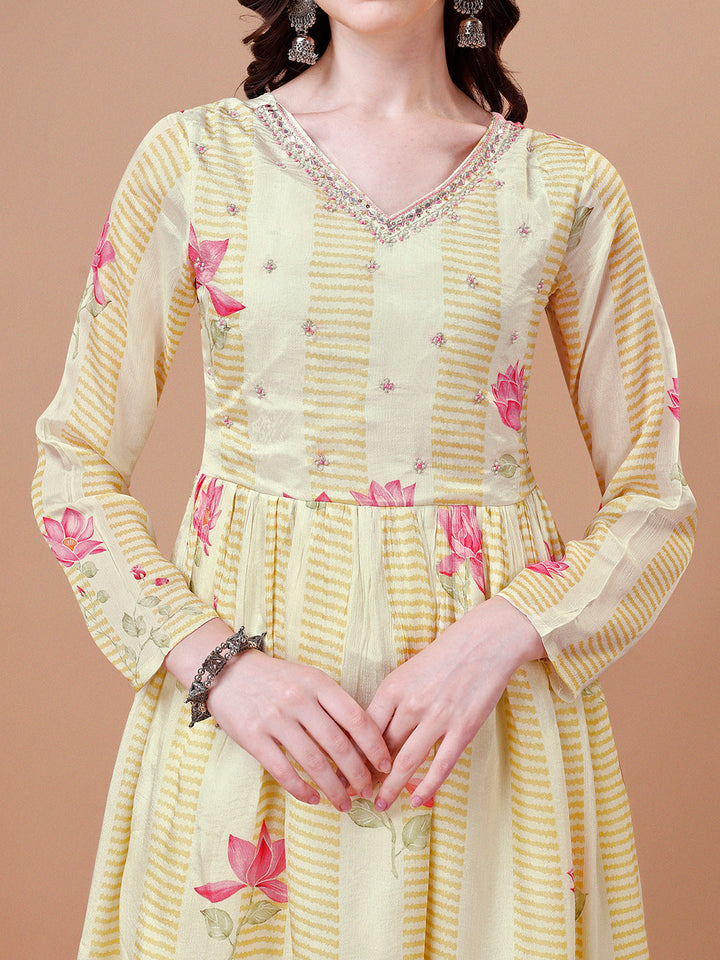 Butter Yellow Printed Kurta Suit Set by Qivii