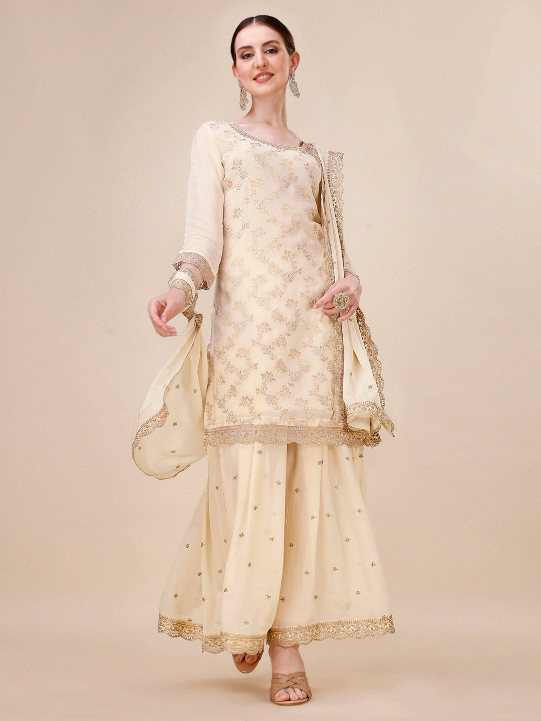 Off-White Chinon Kurta. Paired with Chinon Sharara Bottom and Chinon Dupatta