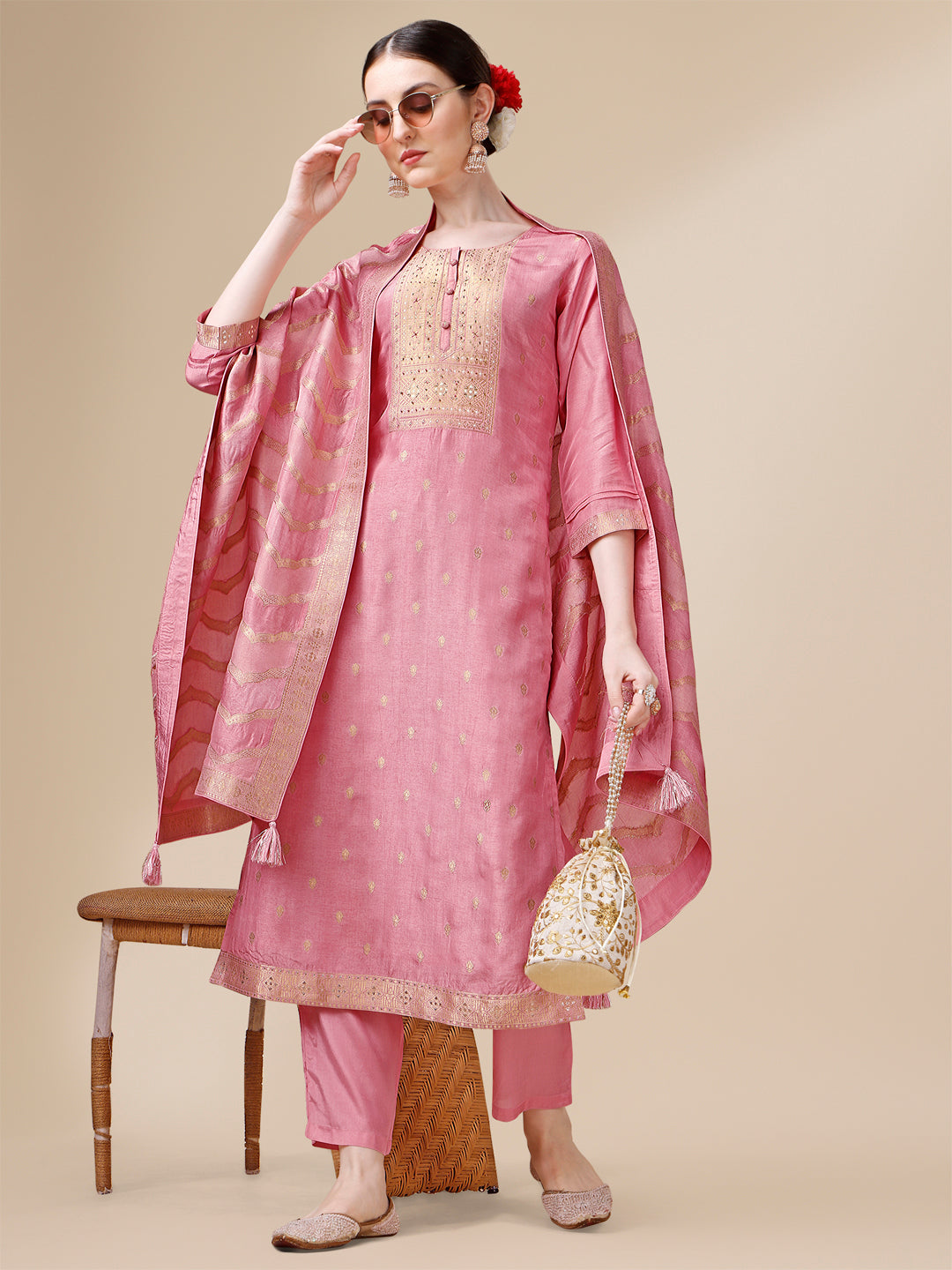 Pink Jacquard Kurta Suit Set with Rangkat Dupatta