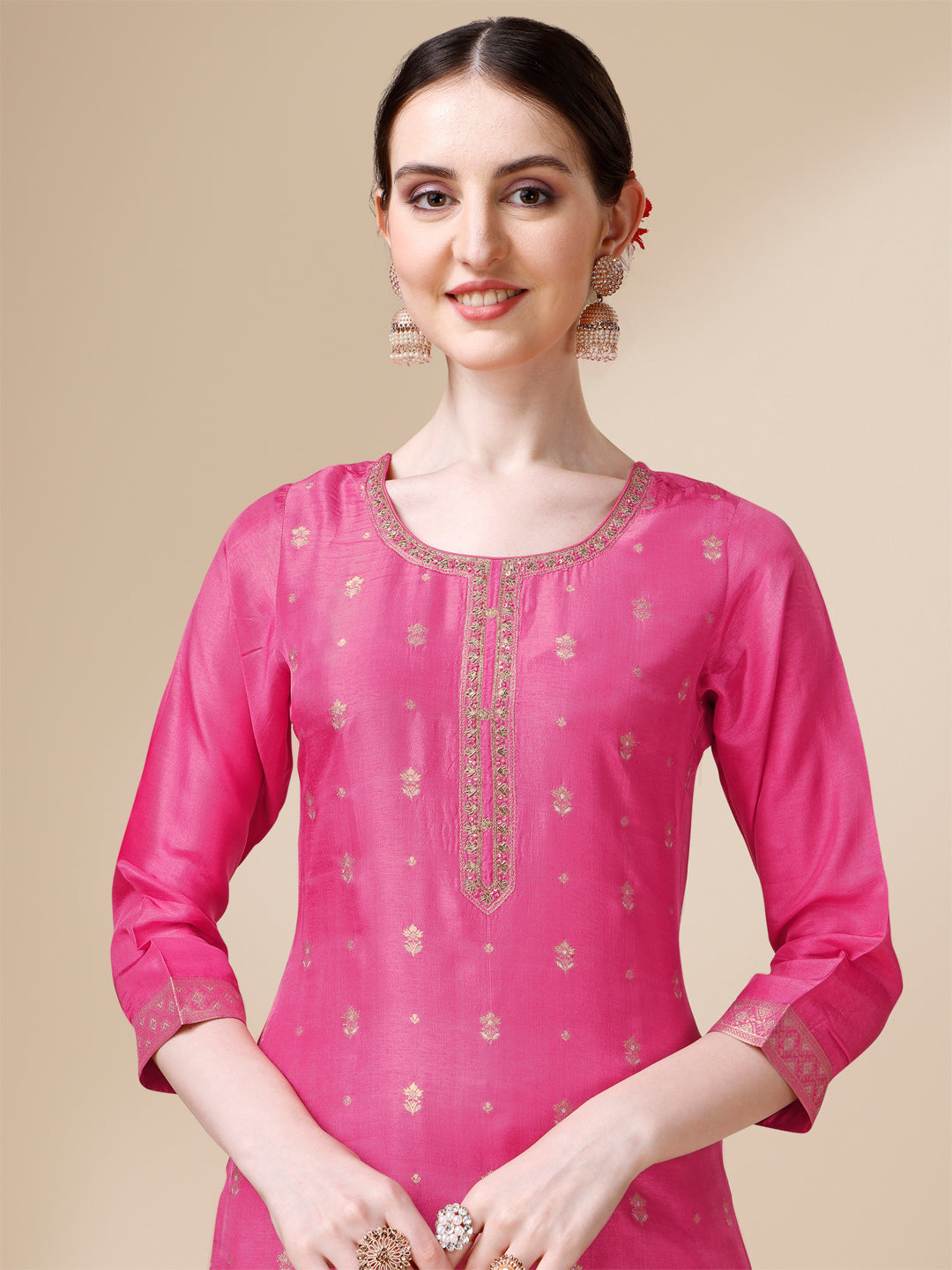 Pink Viscose Dola Silk Jacquard Kurta. Paired with Santoon Trouser And Organza Dupatta