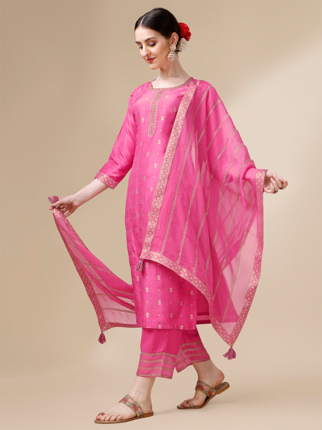 Pink Viscose Dola Silk Jacquard Kurta. Paired with Santoon Trouser And Organza Dupatta