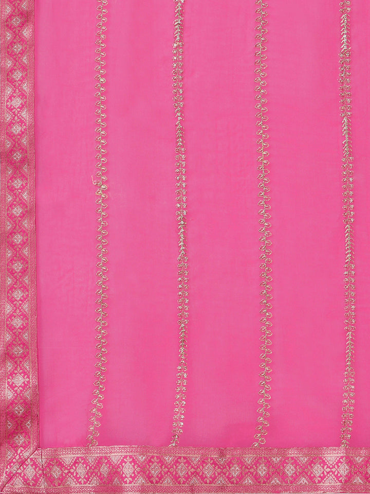 Pink Viscose Dola Silk Jacquard Kurta. Paired with Santoon Trouser And Organza Dupatta