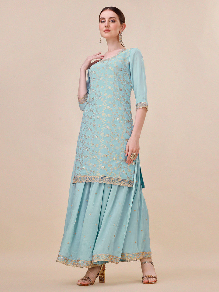 Turquoise Blue Sharara Suit Set by Qivii