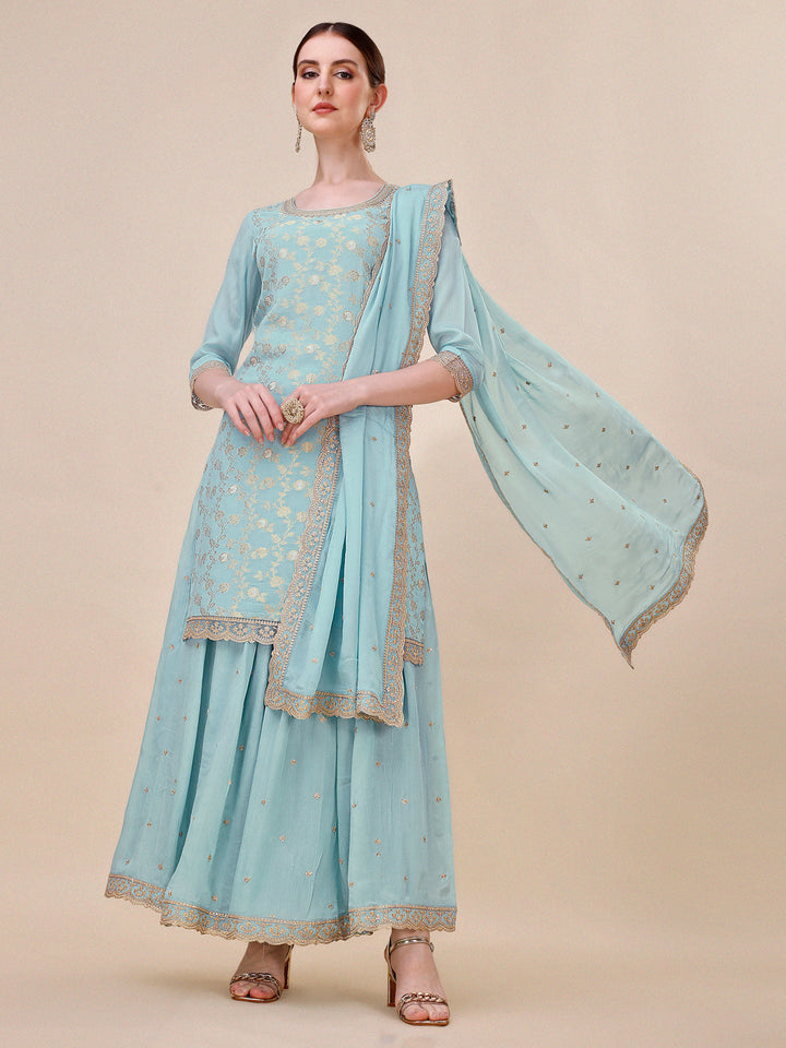 Turquoise Blue Sharara Suit Set by Qivii