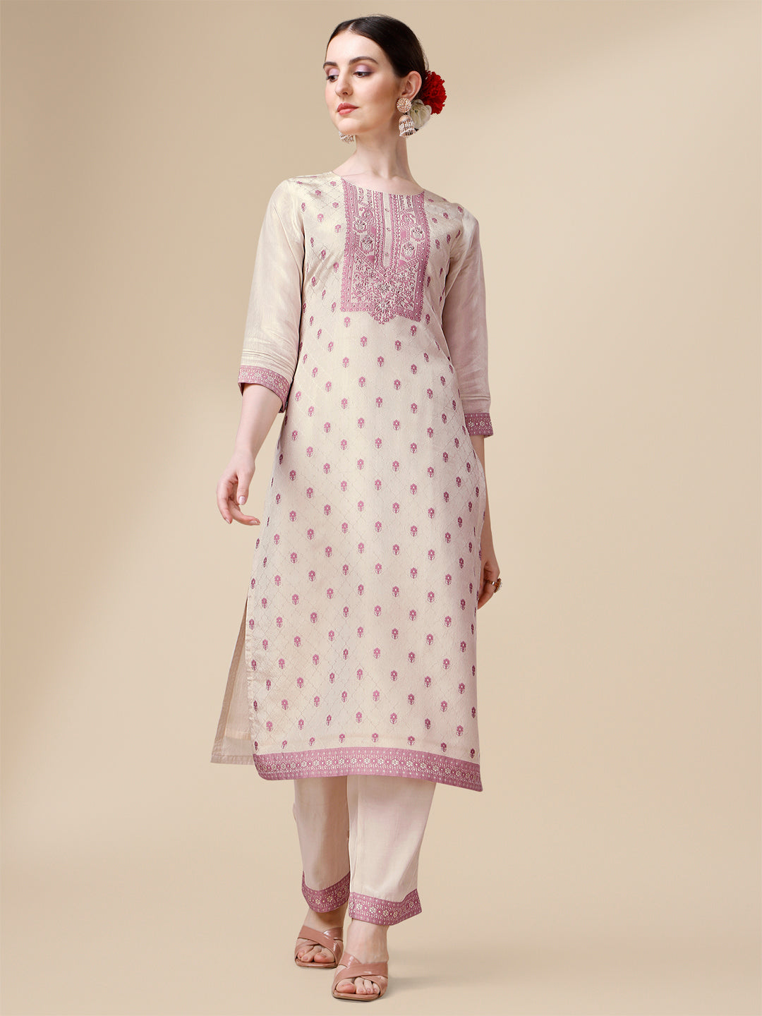 Cream And Pink Jacquard Tissue Kurta Suit Set