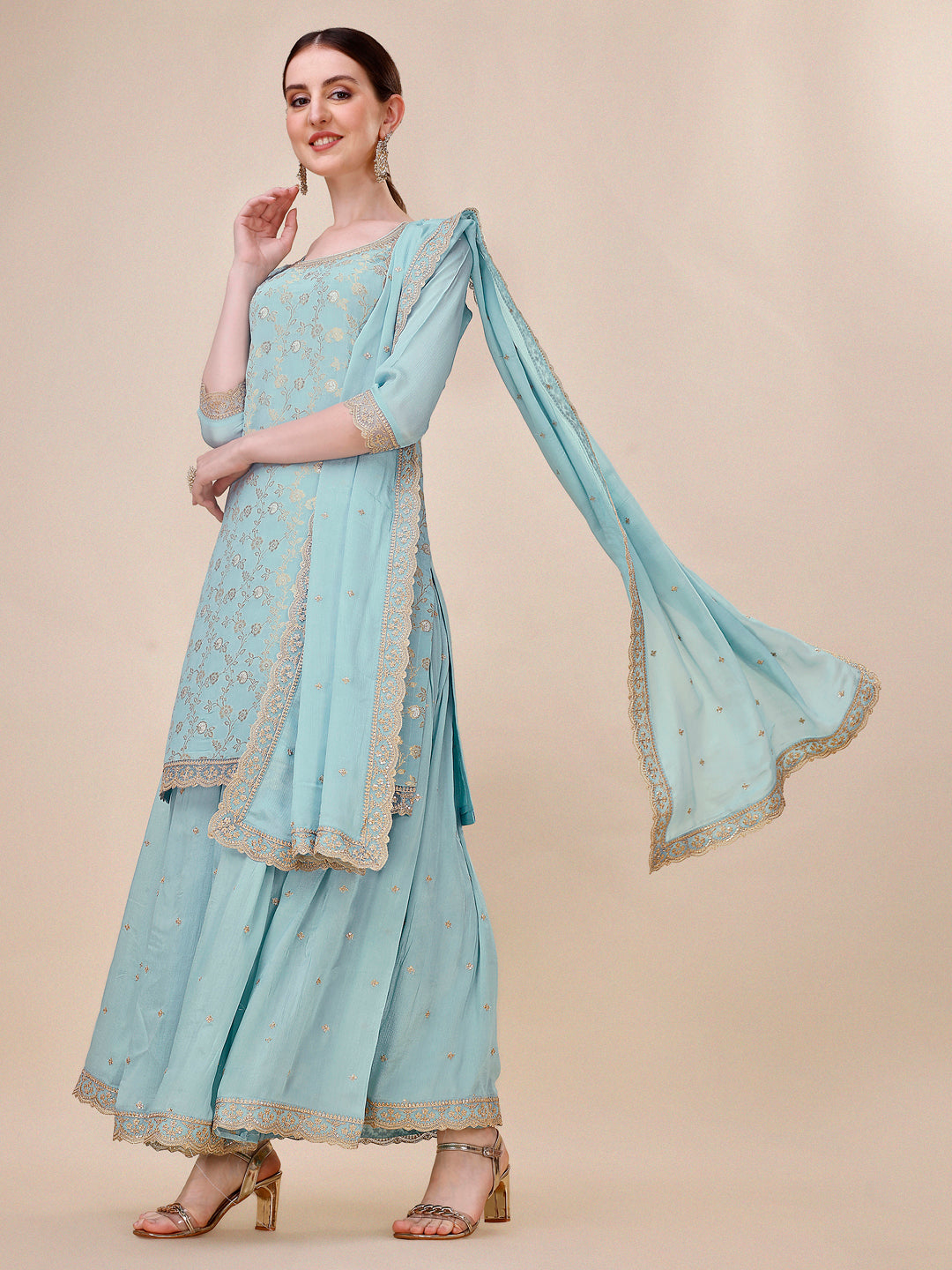 Turquoise Blue Sharara Suit Set by Qivii