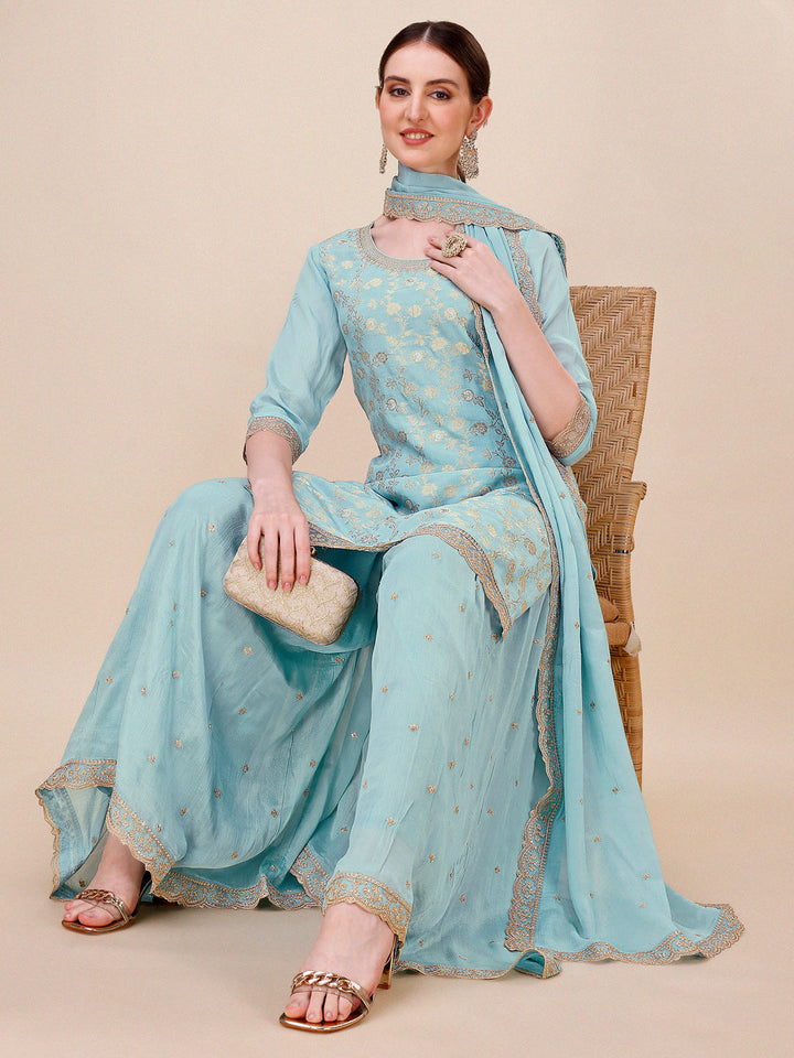 Turquoise Blue Sharara Suit Set by Qivii