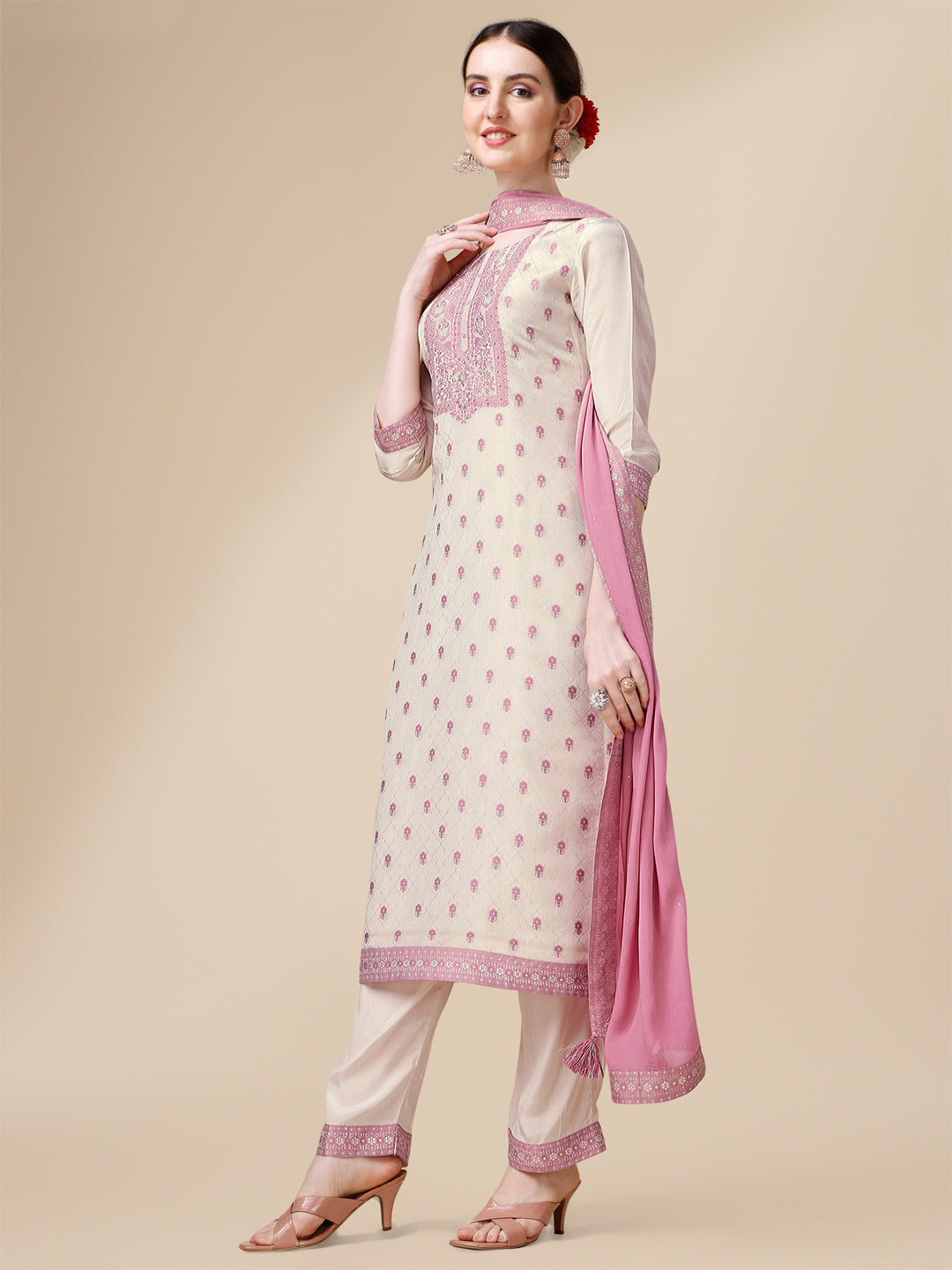 Cream Jacquard Tissue Kurta Suit Set
