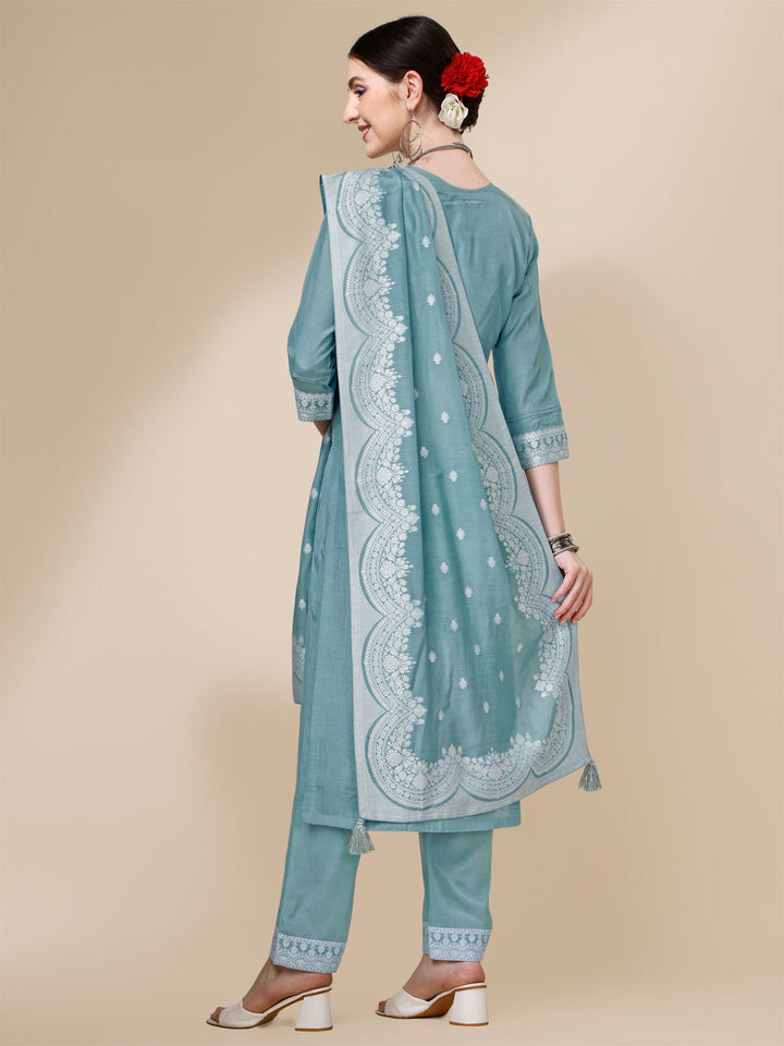 Light Blue Thread Woven Tussar Silk Kurta Suit Set by Qivii