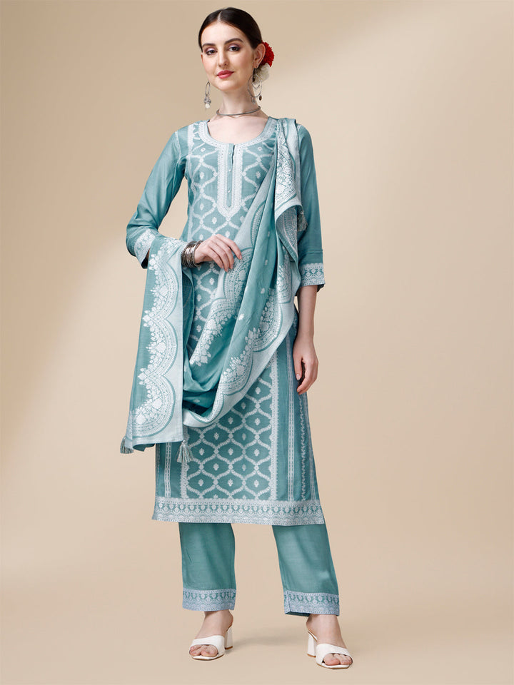 Light Blue Thread Woven Tussar Silk Kurta Suit Set by Qivii