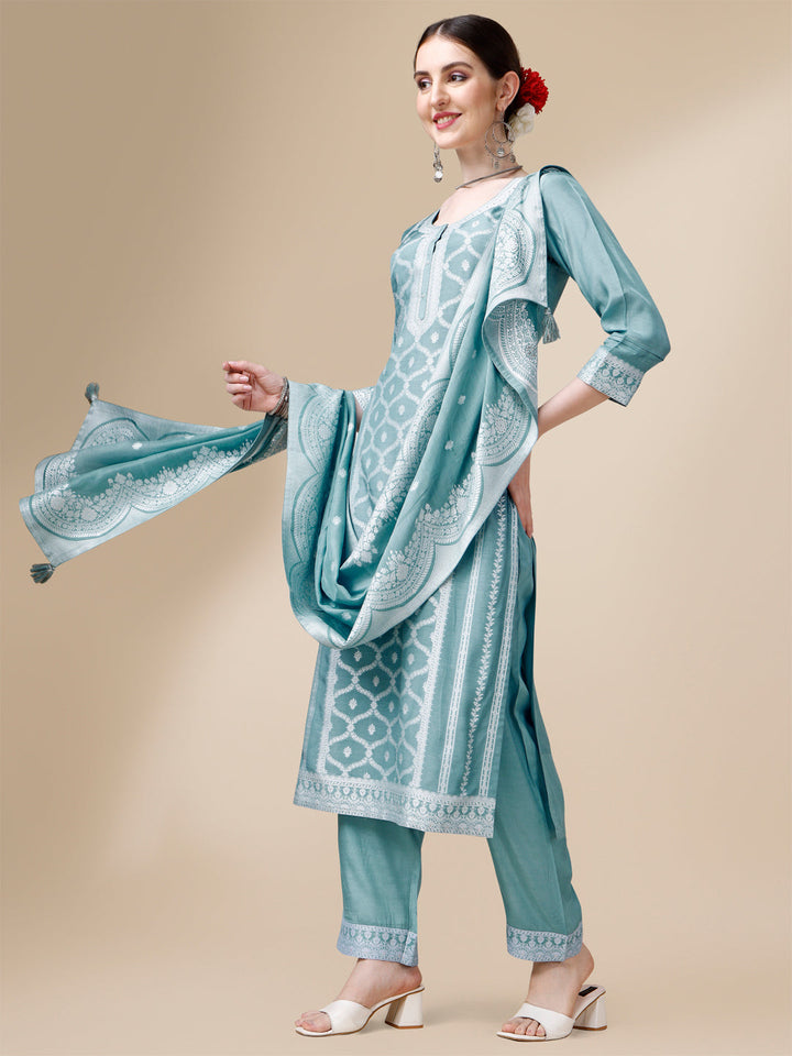 Light Blue Thread Woven Tussar Silk Kurta Suit Set by Qivii