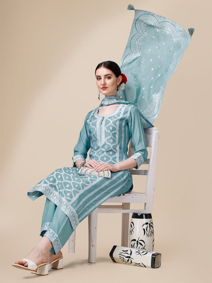 Light Blue Thread Woven Tussar Silk Kurta Suit Set by Qivii