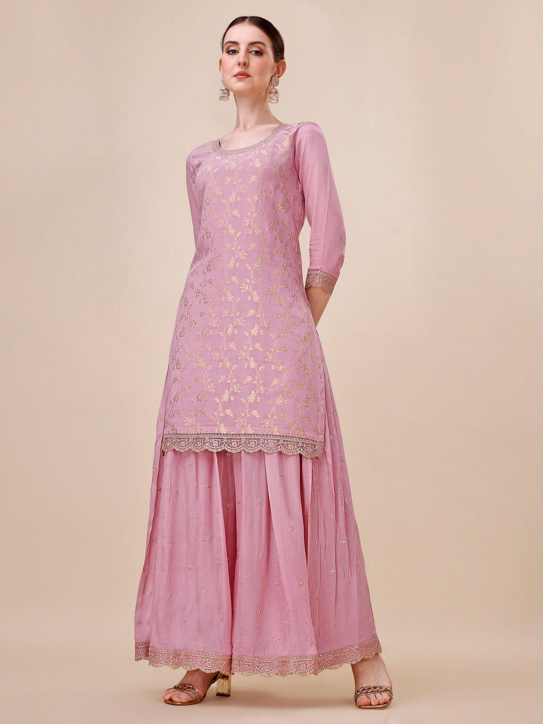 Sweet Lilac Chinon Kurta . Paired with Chinon Sharara Bottom and Chinon Dupatta