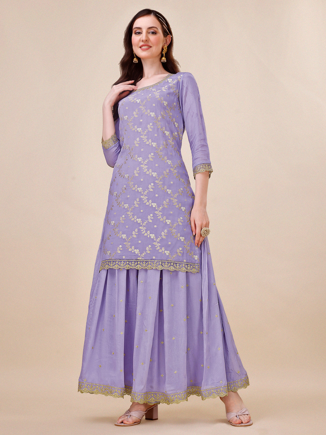 Purple Jacquard Sharara Suit Set by Qivii