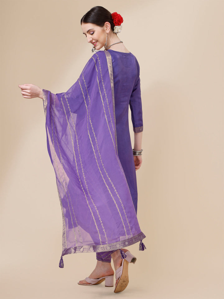 Voilet Viscose Dola Silk Jacquard Kurta. Paired with Santoon Trouser and Organza Dupatta