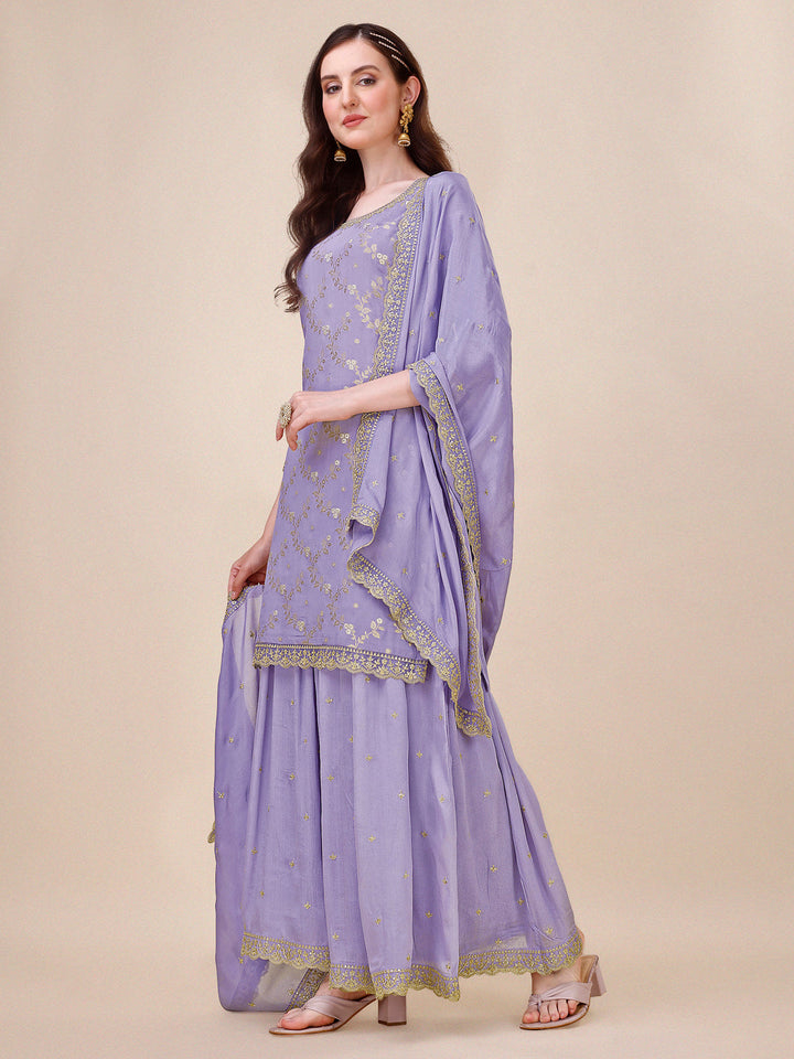 Purple Jacquard Sharara Suit Set by Qivii