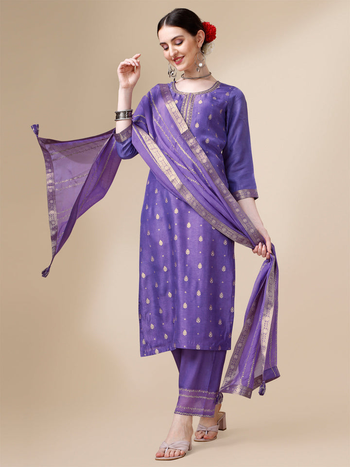 Voilet Jacquard Kurta Suit Set by Qivii