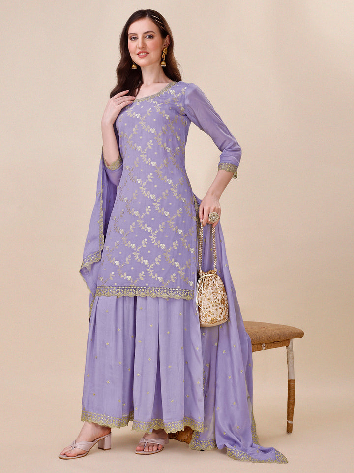 Purple Jacquard Sharara Suit Set by Qivii