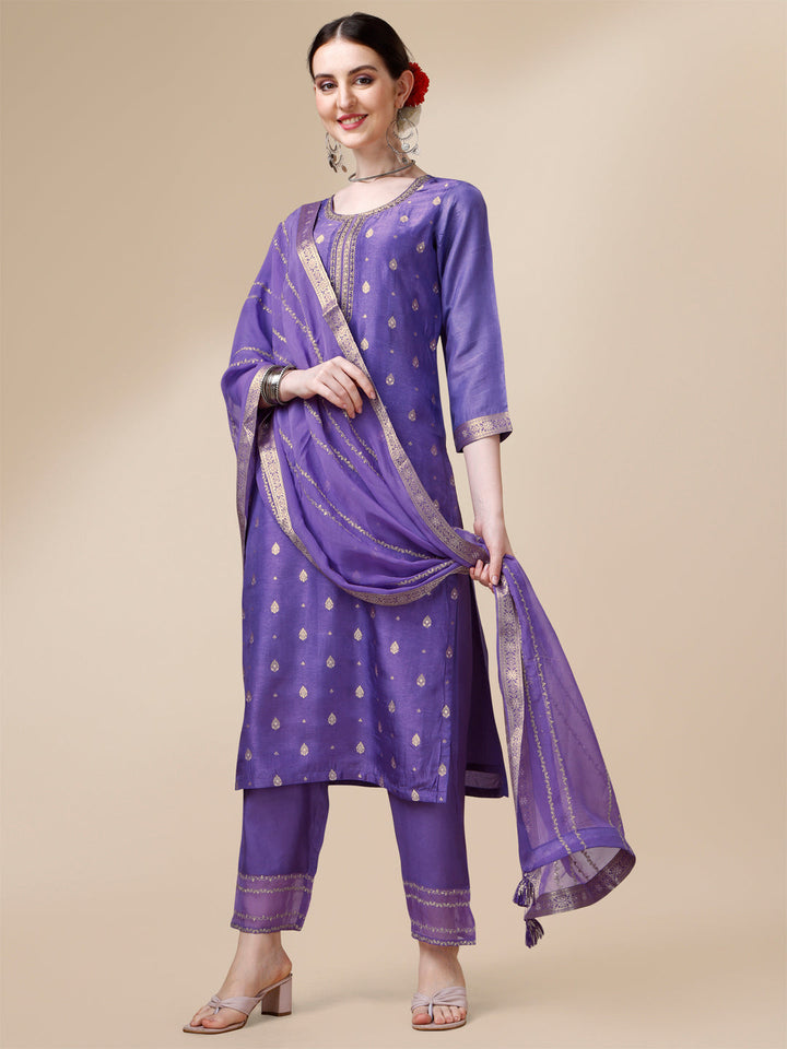 Voilet Jacquard Kurta Suit Set by Qivii