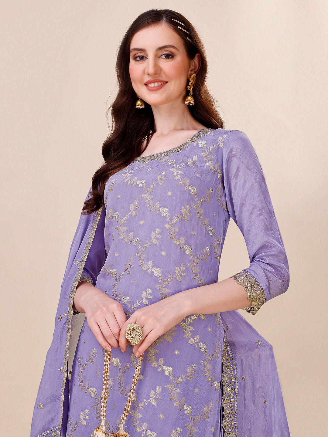 Purple Jacquard Sharara Suit Set by Qivii