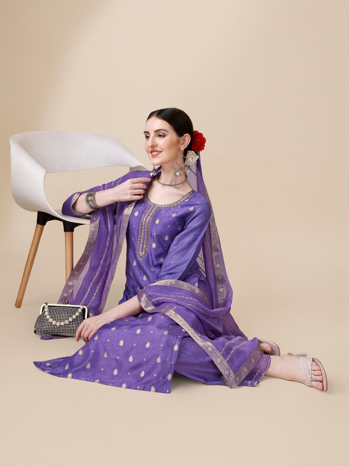 Voilet Jacquard Kurta Suit Set by Qivii