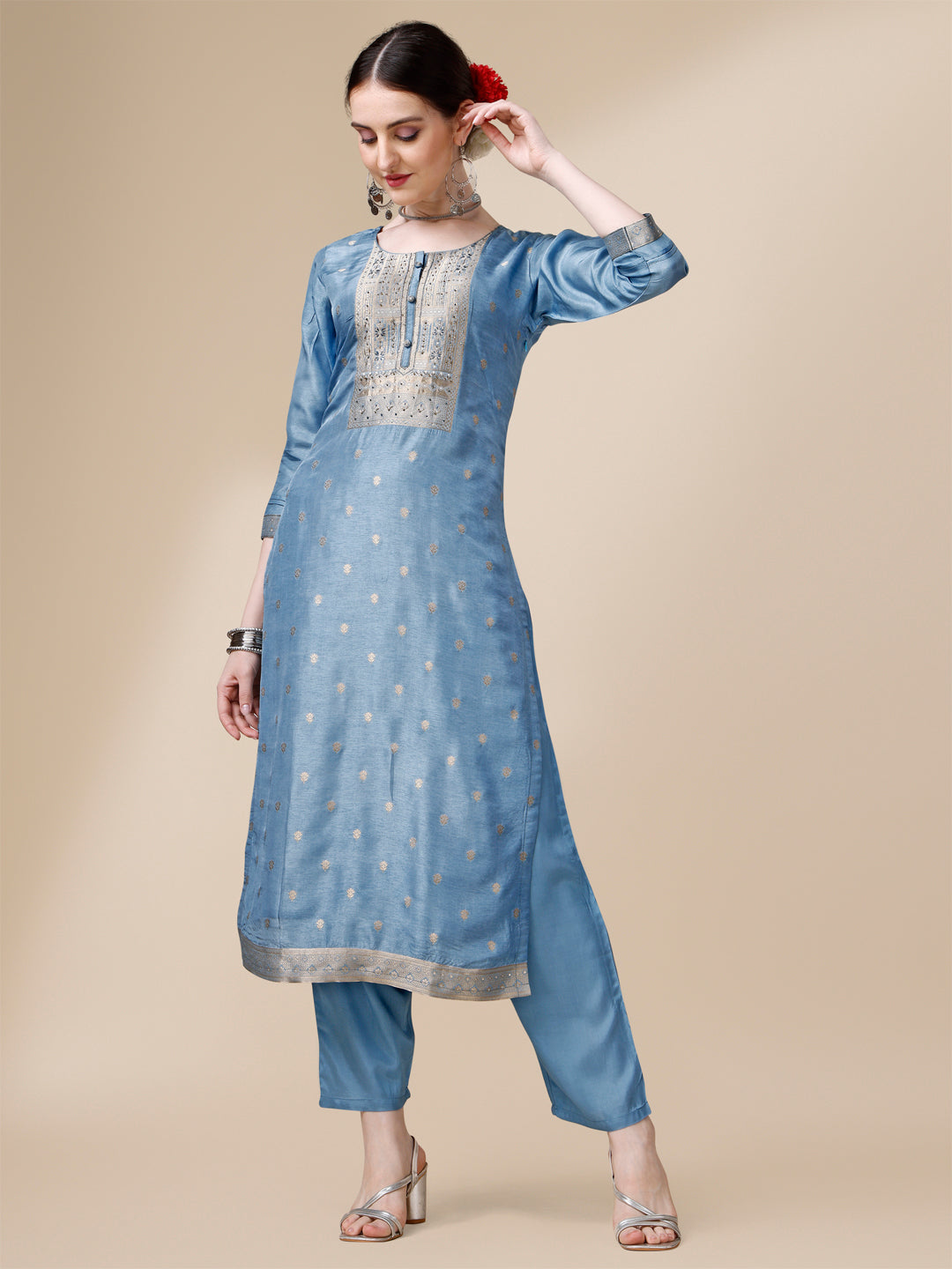 Blue Jackquard Kurta Suit Set with Rangkat Dupatta by Qivii